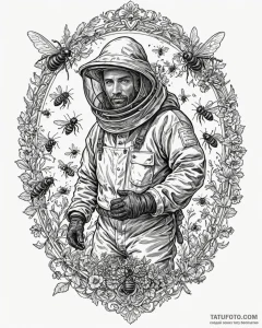 A portrait of a beekeeper holding a frame swa... - эскиз тату (№1752921158_0, 19.07.2025 10:32) — Tatufoto.com