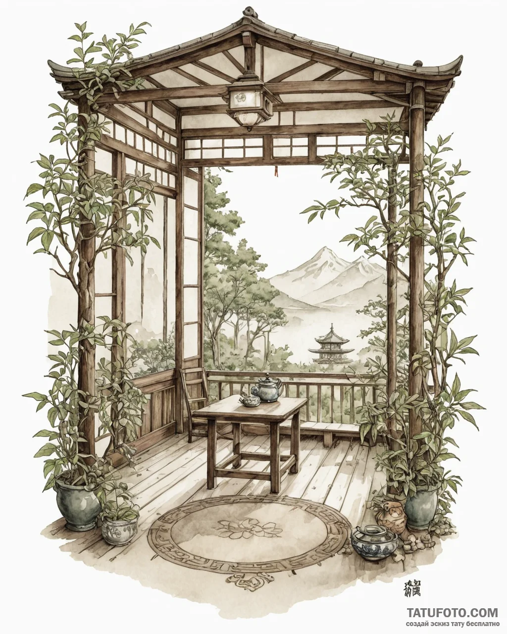 The interior of a traditional japanese tea ho… — эскиз тату (№1752923557_0, 19.07.2025 11:12) — Tatufoto.com