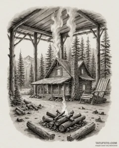 The interior of a log cabin with a fire roari... - эскиз тату (№1752923640_0, 19.07.2025 11:14) — Tatufoto.com