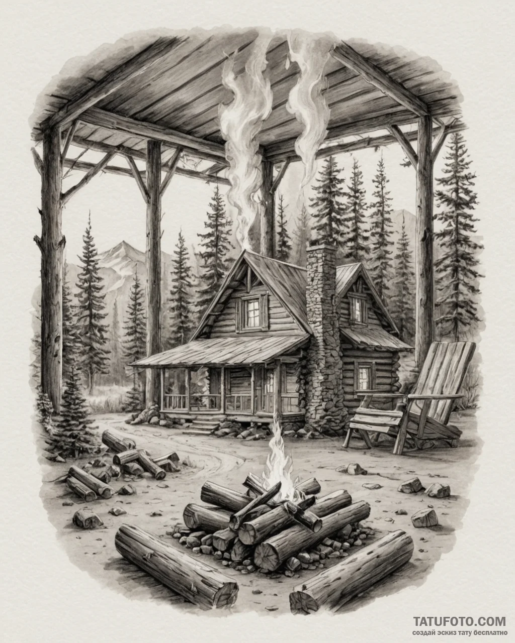 The interior of a log cabin with a fire roari… — эскиз тату (№1752923640_0, 19.07.2025 11:14) — Tatufoto.com