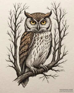 A wise-looking owl perched on a branch in a d... - эскиз тату (№1752924552_0, 19.07.2025 11:29) — Tatufoto.com