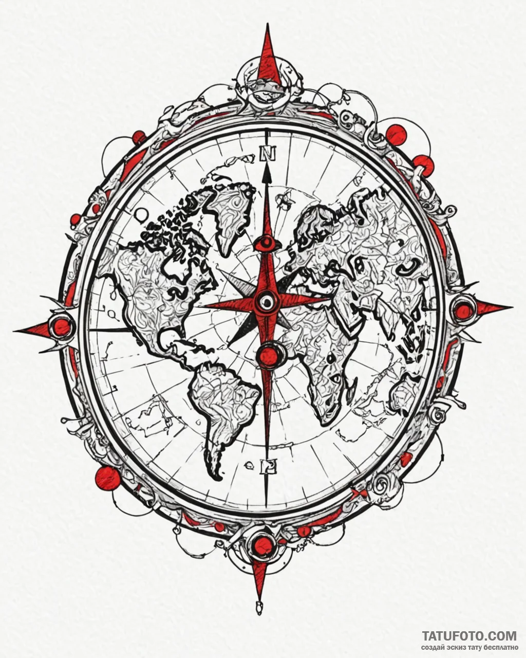 Tattoo design a compass on one partner, a wor... - эскиз тату (№1752930553_0, 19.07.2025 13:09) — Tatufoto.com