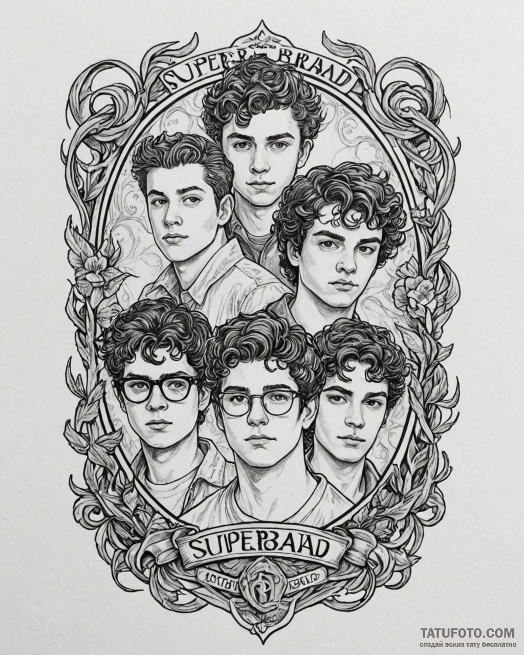 A sketch of the main characters from superbad… — эскиз тату (№1752931811_0, 19.07.2025 13:30) — Tatufoto.com