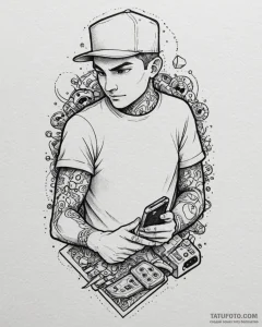 Tattoo design a retro gaming character holdin... - эскиз тату (№1752931977_0, 19.07.2025 13:32) — Tatufoto.com