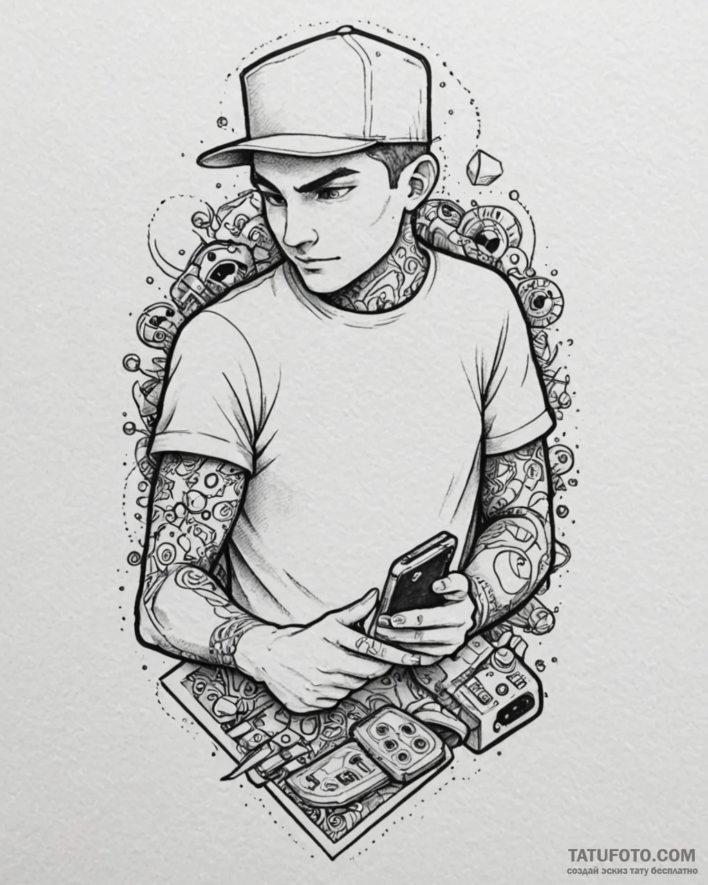 Tattoo design a retro gaming character holdin... - эскиз тату (№1752931977_0, 19.07.2025 13:32) — Tatufoto.com
