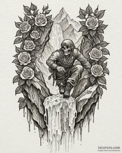 A person ice climbing up a frozen waterfall.,... - эскиз тату (№1752932805_0, 19.07.2025 13:46) — Tatufoto.com