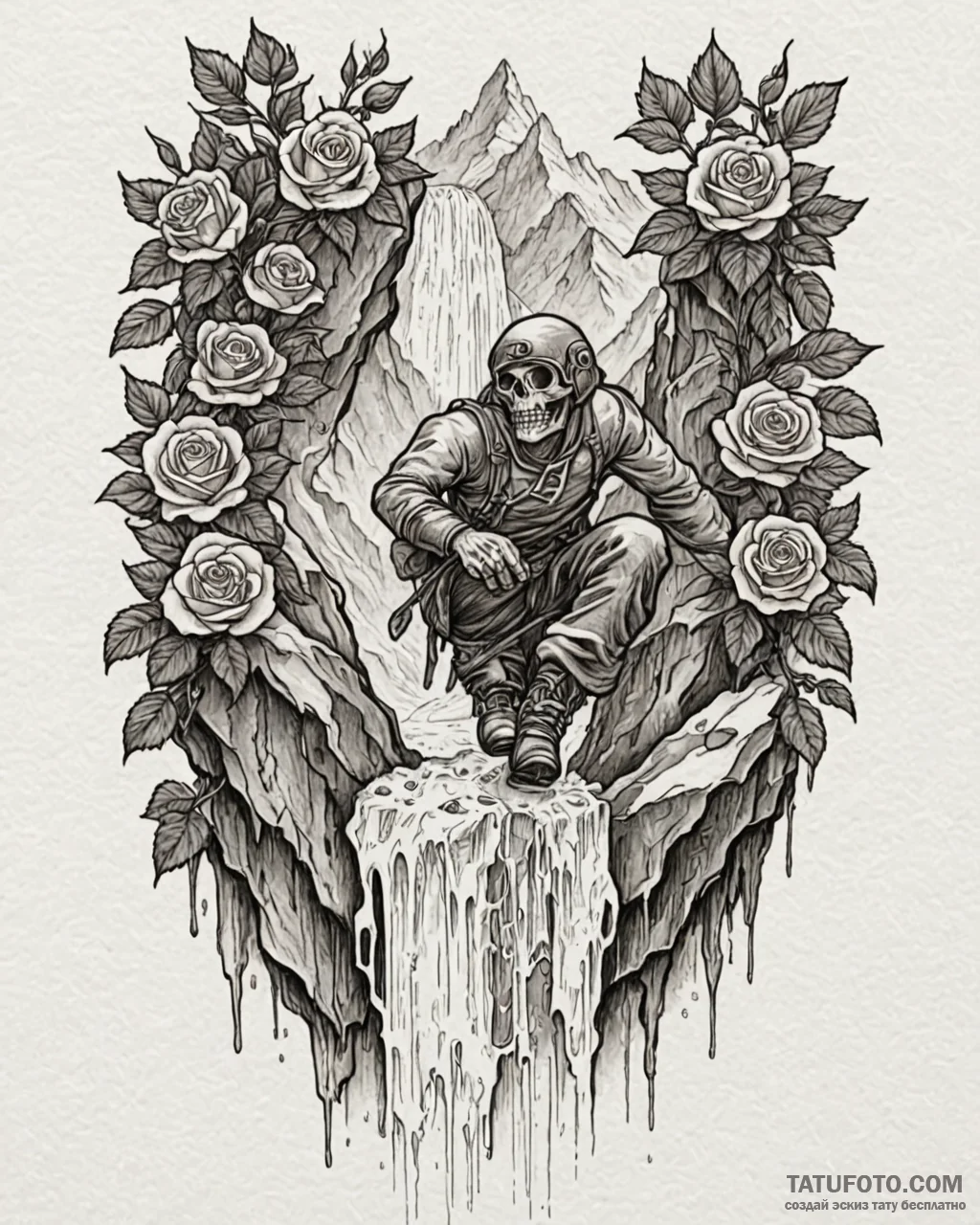 A person ice climbing up a frozen waterfall.,… — эскиз тату (№1752932805_0, 19.07.2025 13:46) — Tatufoto.com