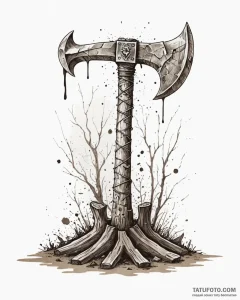 Tattoo sketch a warrior's axe embedded in a t... - эскиз тату (№1752933565_0, 19.07.2025 13:59) — Tatufoto.com