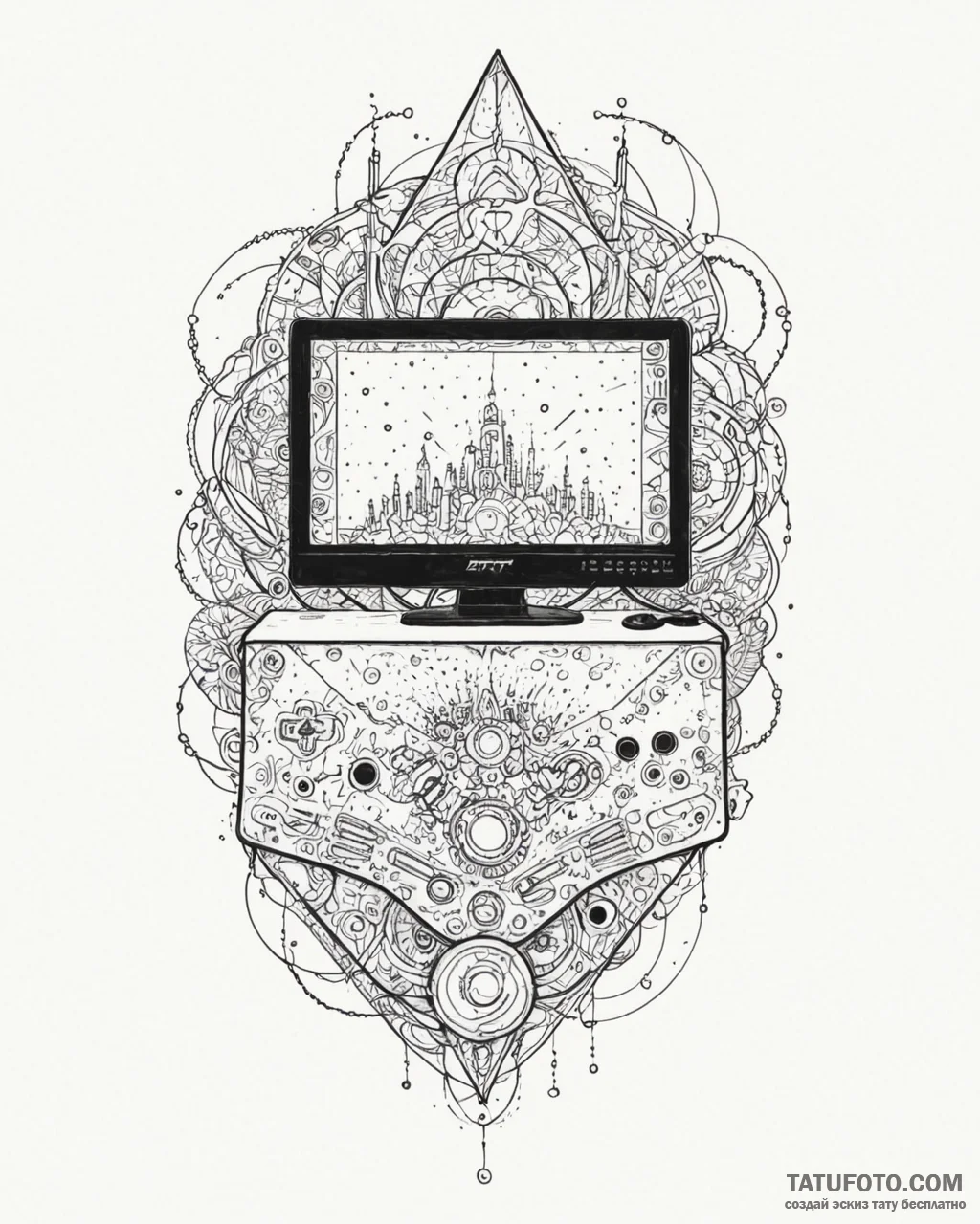 Tattoo design a stylized gaming monitor with... - эскиз тату (№1752934724_0, 19.07.2025 14:18) — Tatufoto.com