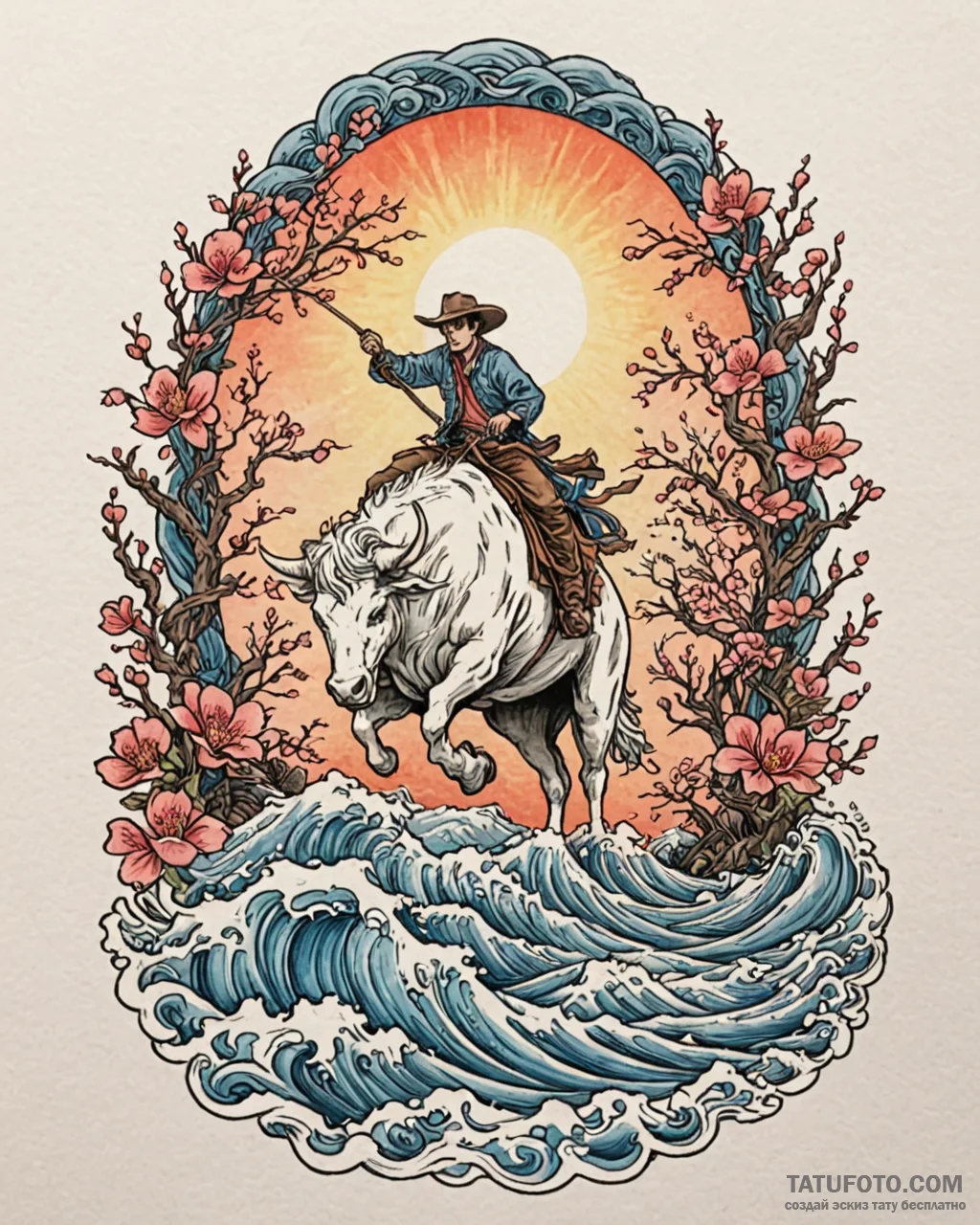 A shot of a lone cowboy herding cattle at sun... - эскиз тату (№1752934891_0, 19.07.2025 14:21) — Tatufoto.com