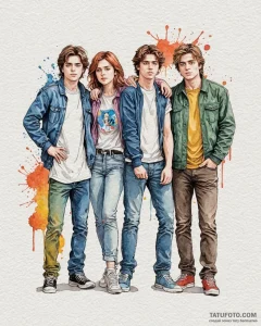 A watercolor tattoo of the main characters fr... - эскиз тату (№1752935553_0, 19.07.2025 14:32) — Tatufoto.com