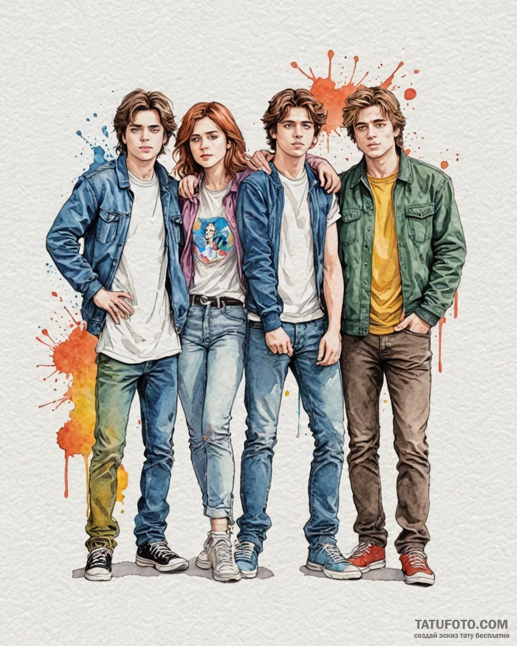 A watercolor tattoo of the main characters fr... - эскиз тату (№1752935553_0, 19.07.2025 14:32) — Tatufoto.com