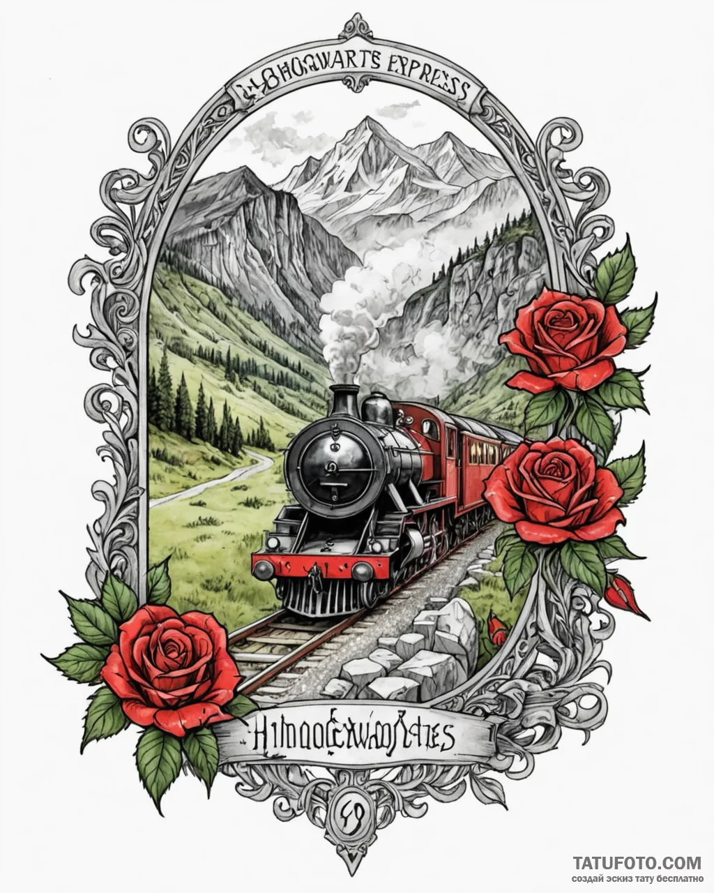 A watercolor sketch of the hogwarts express o… — эскиз тату (№1752936217_0, 19.07.2025 14:43) — Tatufoto.com