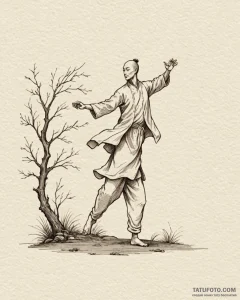 A person practicing tai chi in a tranquil par... - эскиз тату (№1752940196_0, 19.07.2025 15:49) — Tatufoto.com