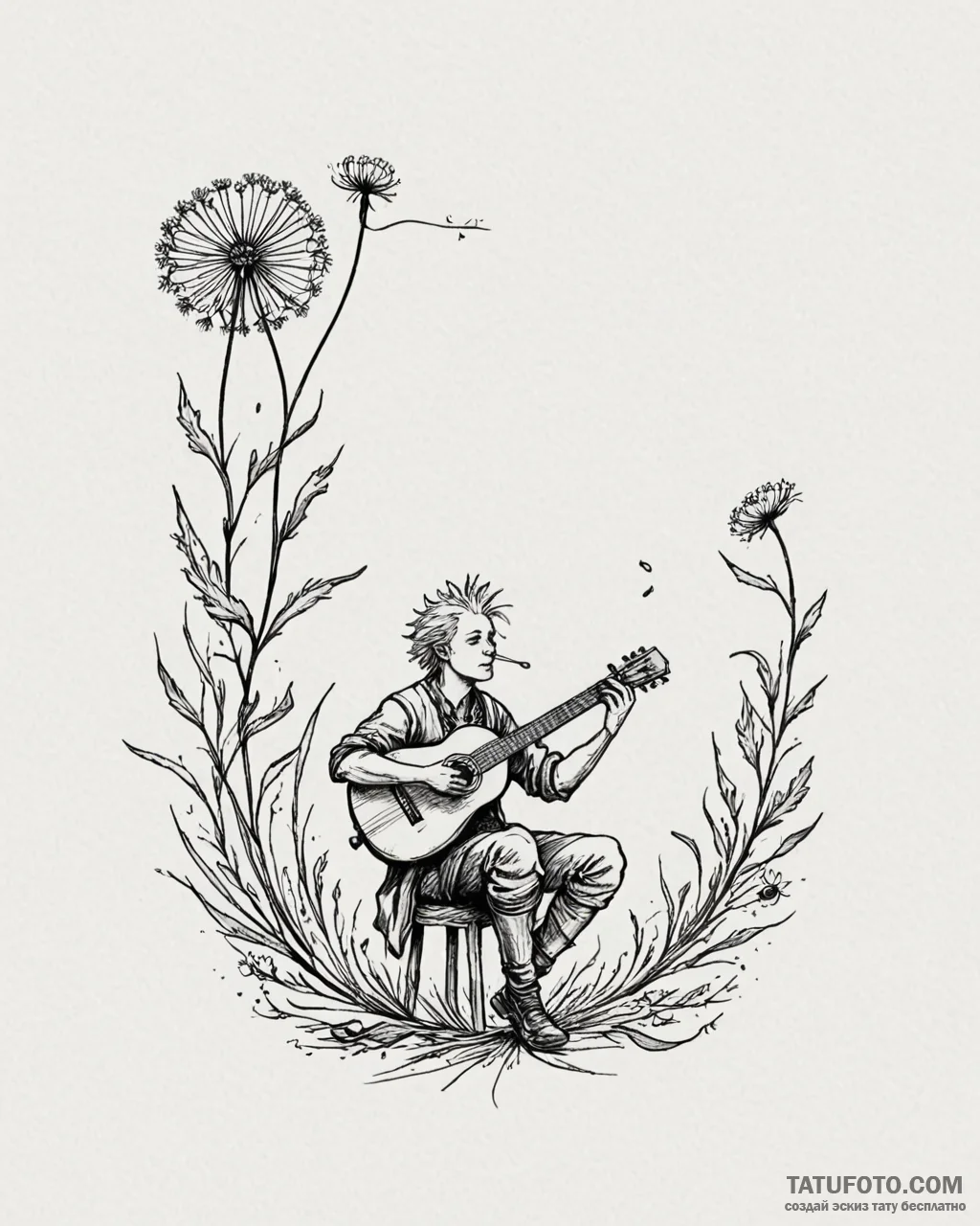 A sketch of jaskier (dandelion) playing his l... - эскиз тату (№1752941021_0, 19.07.2025 16:03) — Tatufoto.com