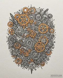 A watchmaker's workbench, filled with tiny ge... - эскиз тату (№1752941185_0, 19.07.2025 16:06) — Tatufoto.com
