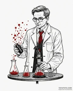 A scientist in a lab coat, looking at a petri... - эскиз тату (№1752942198_0, 19.07.2025 16:23) — Tatufoto.com