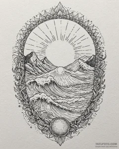 Tattoo design a wave and a sun, representing... - эскиз тату (№1752946399_0, 19.07.2025 17:33) — Tatufoto.com