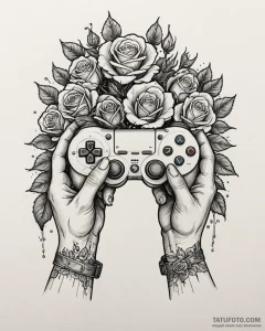 Tattoo design a gamer's hand holding a glowin... - эскиз тату (№1752947499_0, 19.07.2025 17:51) — Tatufoto.com
