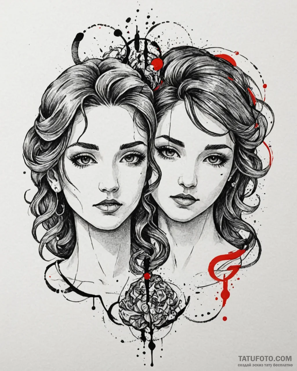 Tattoo sketch gemini faces, one realistic ske... - эскиз тату (№1752947584_0, 19.07.2025 17:53) — Tatufoto.com