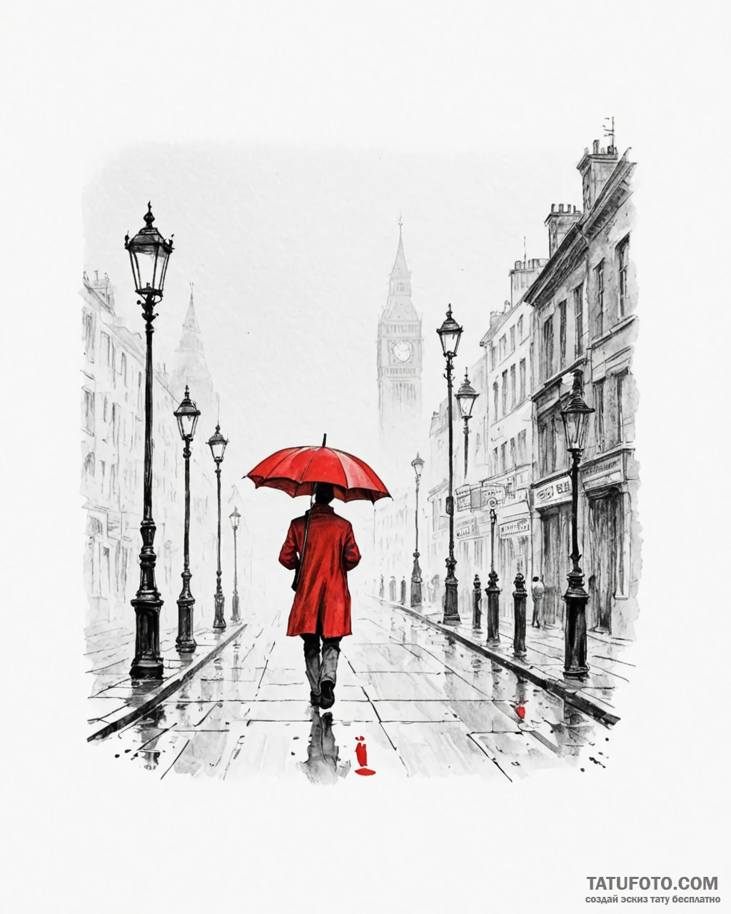 A lone figure with an umbrella walking down a... - эскиз тату (№1752947753_0, 19.07.2025 17:55) — Tatufoto.com