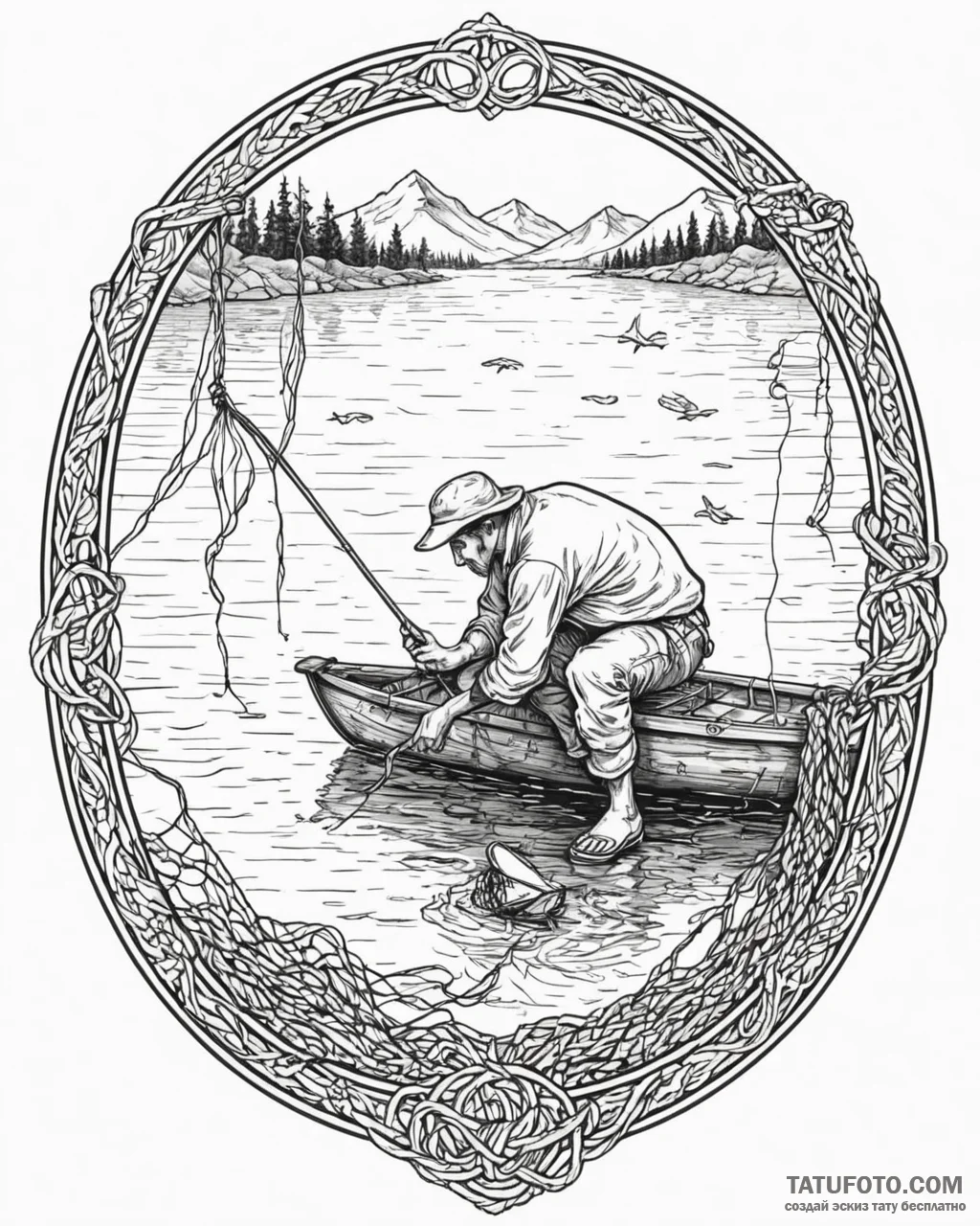 A person repairing a fishing net on a dock.,... - эскиз тату (№1752947837_0, 19.07.2025 17:57) — Tatufoto.com