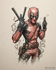 A neo-traditional tattoo of deadpool, breakin... - эскиз тату (№1752948513_0, 19.07.2025 18:08) — Tatufoto.com