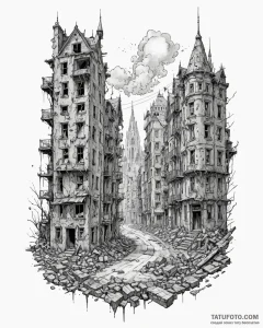 Tattoo sketch a post-apocalyptic cityscape wi... - эскиз тату (№1752949273_0, 19.07.2025 18:21) — Tatufoto.com