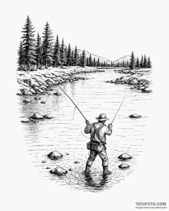 A shot of a fly fisherman casting a line in a... - эскиз тату (№1752949779_0, 19.07.2025 18:29) — Tatufoto.com