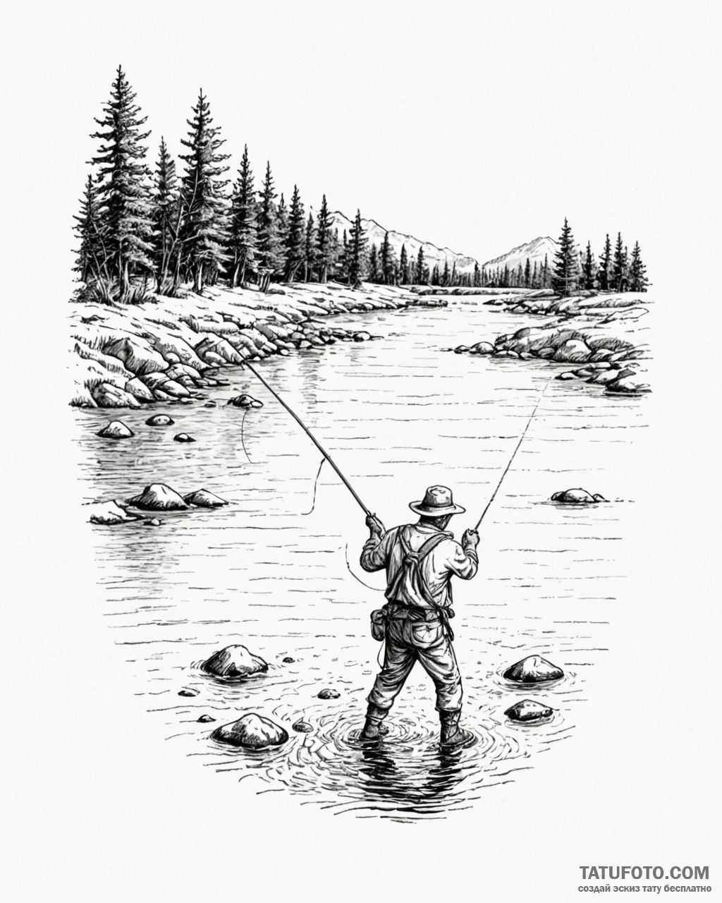 A shot of a fly fisherman casting a line in a... - эскиз тату (№1752949779_0, 19.07.2025 18:29) — Tatufoto.com