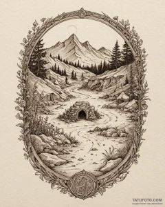 A shot of an archaeological dig site., ink il... - эскиз тату (№1752950455_0, 19.07.2025 18:40) — Tatufoto.com
