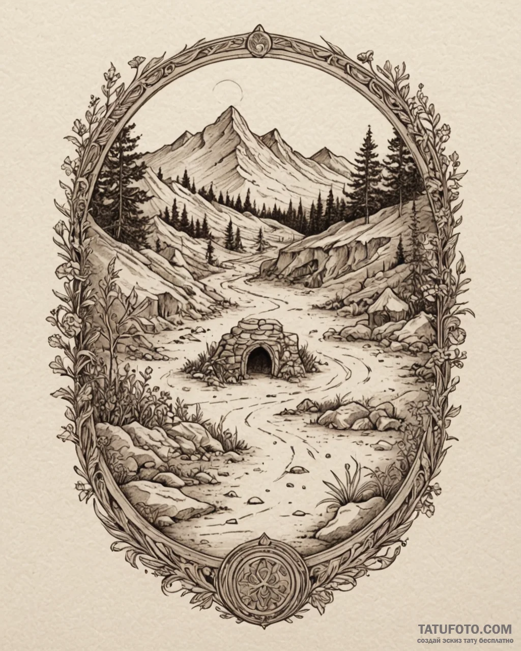 A shot of an archaeological dig site., ink il... - эскиз тату (№1752950455_0, 19.07.2025 18:40) — Tatufoto.com
