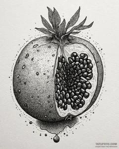 A close-up of a pomegranate, with its seeds e... - эскиз тату (№1752950624_0, 19.07.2025 18:43) — Tatufoto.com