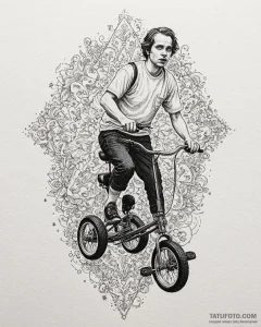 A linework tattoo of danny torrance on his tr... - эскиз тату (№1752952822_0, 19.07.2025 19:20) — Tatufoto.com
