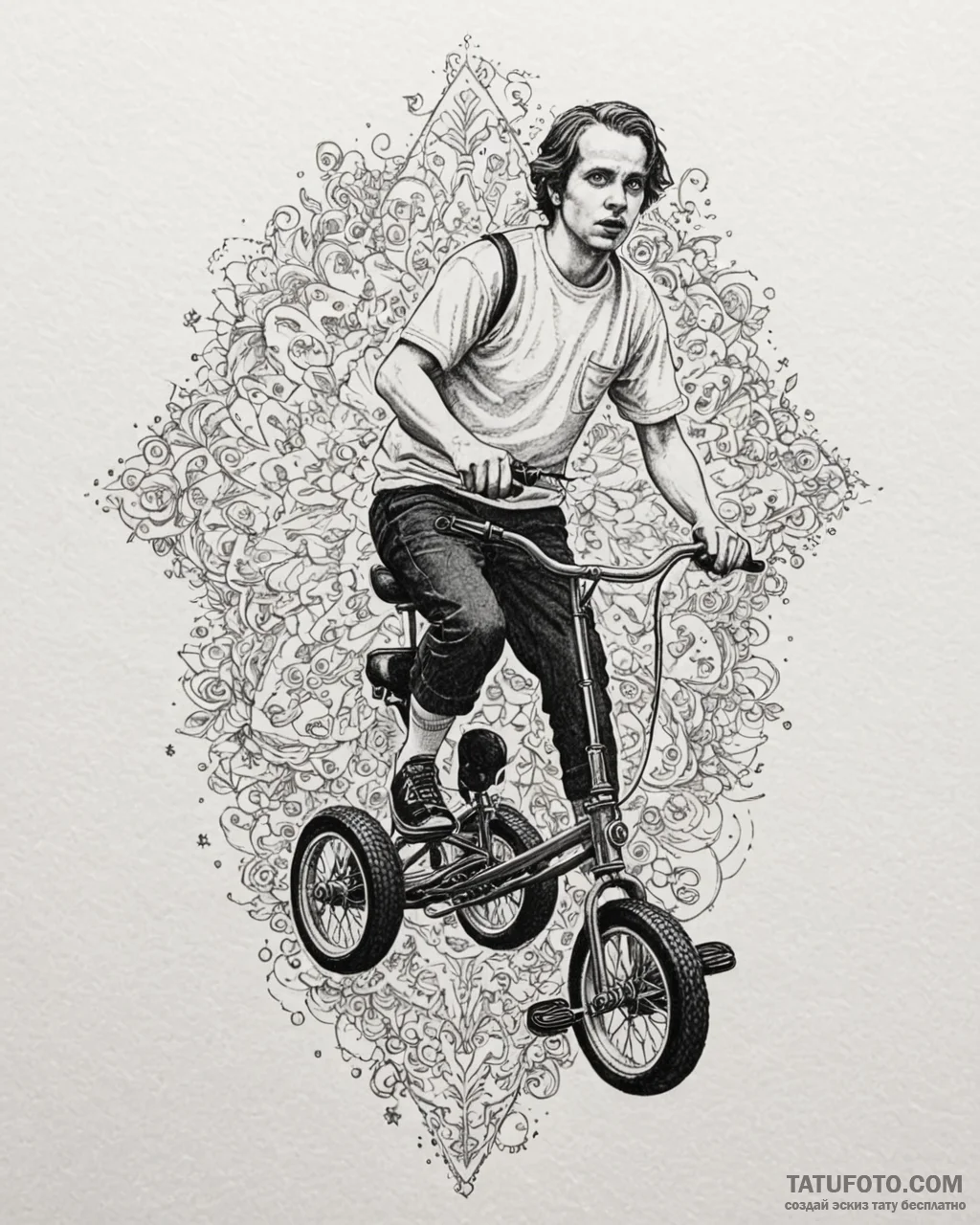 A linework tattoo of danny torrance on his tr... - эскиз тату (№1752952822_0, 19.07.2025 19:20) — Tatufoto.com