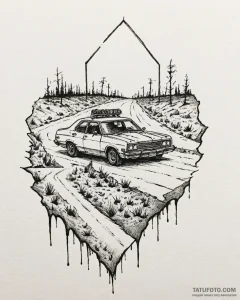 Tattoo sketch a post-apocalyptic vehicle driv... - эскиз тату (№1752954173_0, 19.07.2025 19:42) — Tatufoto.com