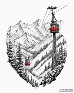 The view from a cable car ascending a snowy m... - эскиз тату (№1752954595_0, 19.07.2025 19:49) — Tatufoto.com
