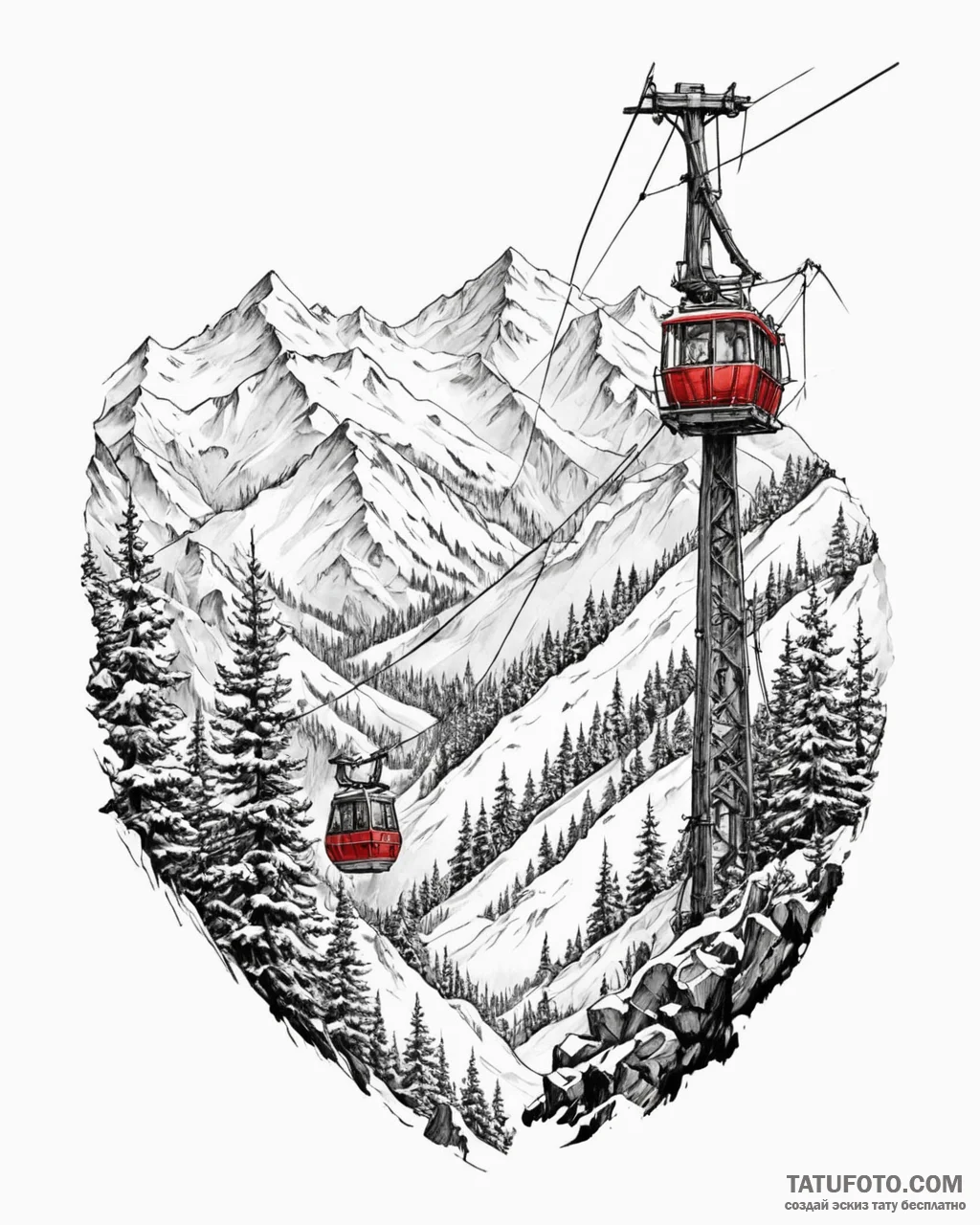The view from a cable car ascending a snowy m… — эскиз тату (№1752954595_0, 19.07.2025 19:49) — Tatufoto.com