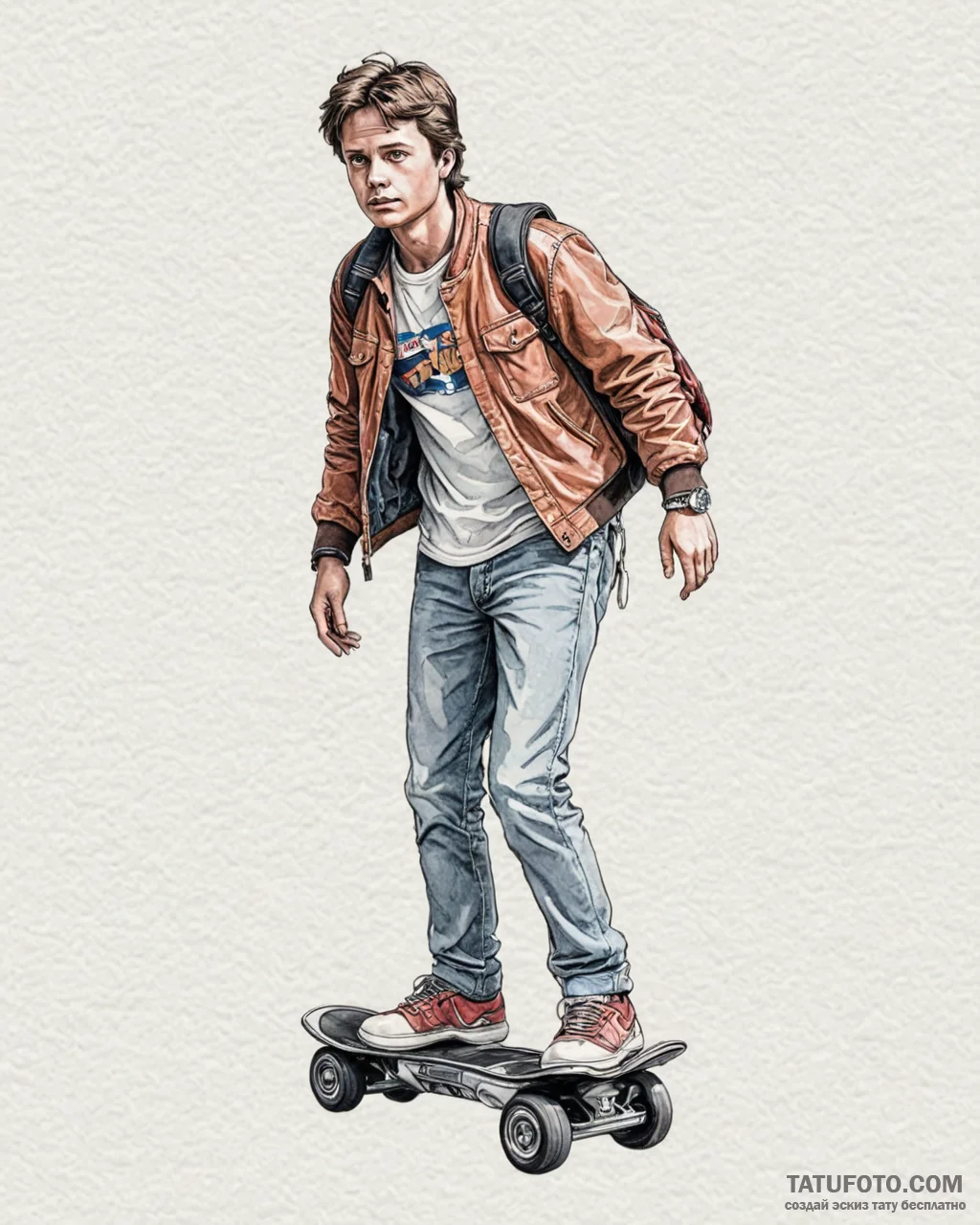 A watercolor sketch of marty mcfly on the hov... - эскиз тату (№1752955615_0, 19.07.2025 20:06) — Tatufoto.com