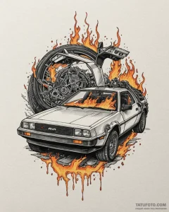 A neo-traditional tattoo of the delorean time... - эскиз тату (№1752957054_0, 19.07.2025 20:30) — Tatufoto.com