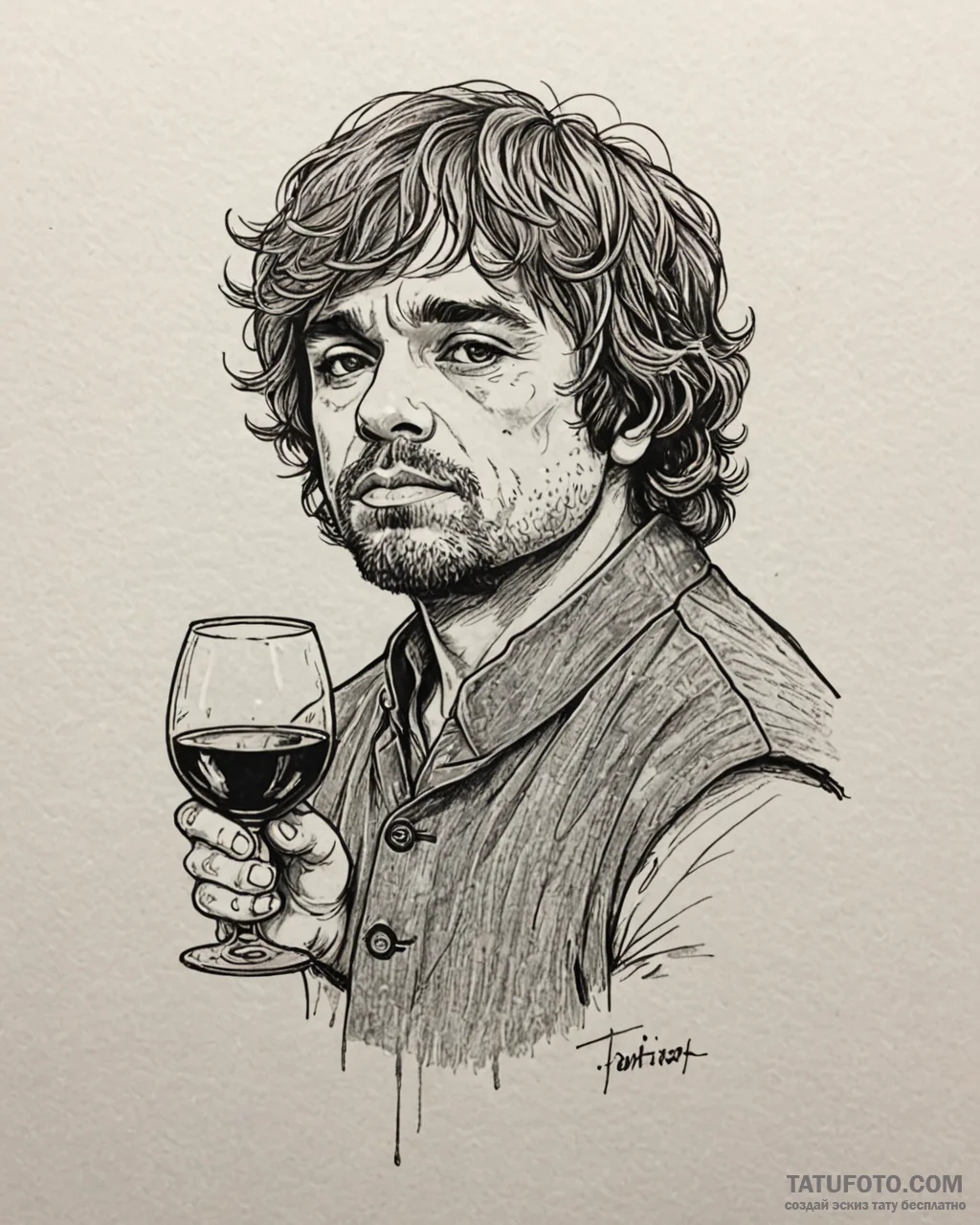 A sketch of tyrion lannister with a glass of… — эскиз тату (№1752958066_0, 19.07.2025 20:47) — Tatufoto.com