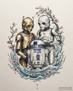 A watercolor sketch of r2-d2 and c-3po, best... - эскиз тату (№1752958487_0, 19.07.2025 20:54) — Tatufoto.com