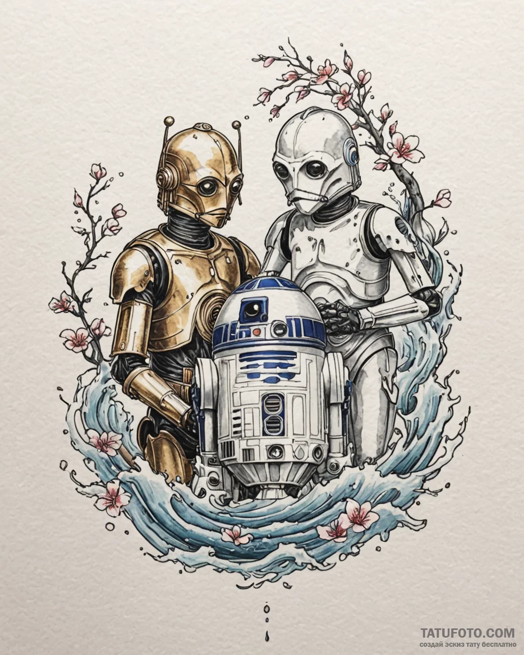 A watercolor sketch of r2-d2 and c-3po, best... - эскиз тату (№1752958487_0, 19.07.2025 20:54) — Tatufoto.com