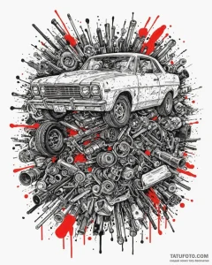The inside of a busy, gritty auto repair shop... - эскиз тату (№1752958655_0, 19.07.2025 20:57) — Tatufoto.com