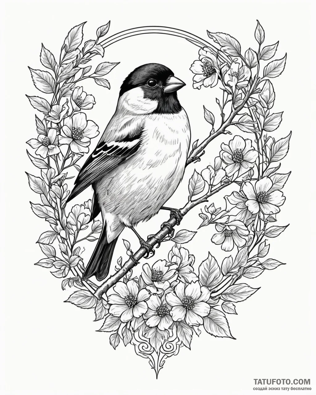 Bullfinch, artistic tattoo sketch, black outl... - эскиз тату (№1752958739_0, 19.07.2025 20:58) — Tatufoto.com