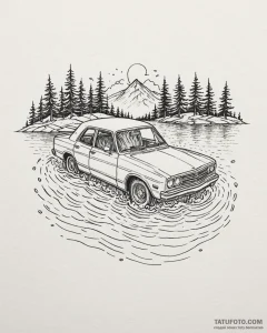A linework tattoo of the car sinking in the l... - эскиз тату (№1752958907_0, 19.07.2025 21:01) — Tatufoto.com
