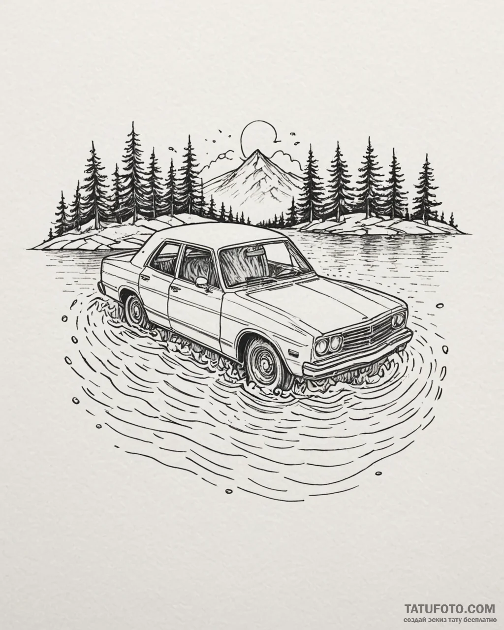 A linework tattoo of the car sinking in the l… — эскиз тату (№1752958907_0, 19.07.2025 21:01) — Tatufoto.com