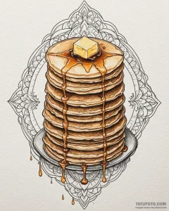A stack of fluffy pancakes with syrup drippin... - эскиз тату (№1752959160_0, 19.07.2025 21:06) — Tatufoto.com