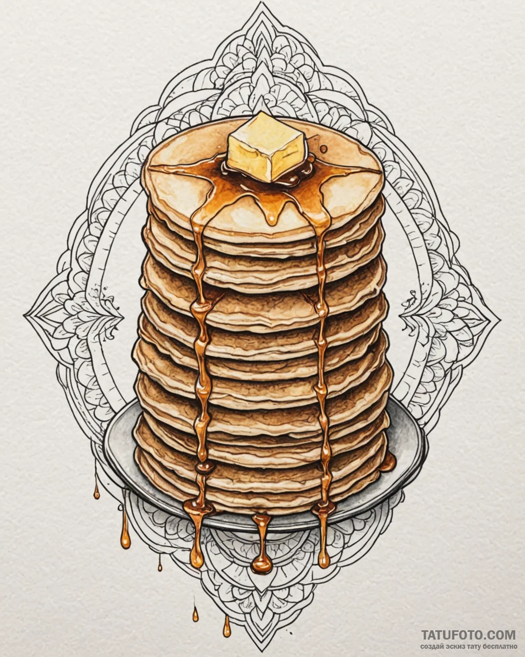 A stack of fluffy pancakes with syrup drippin... - эскиз тату (№1752959160_0, 19.07.2025 21:06) — Tatufoto.com