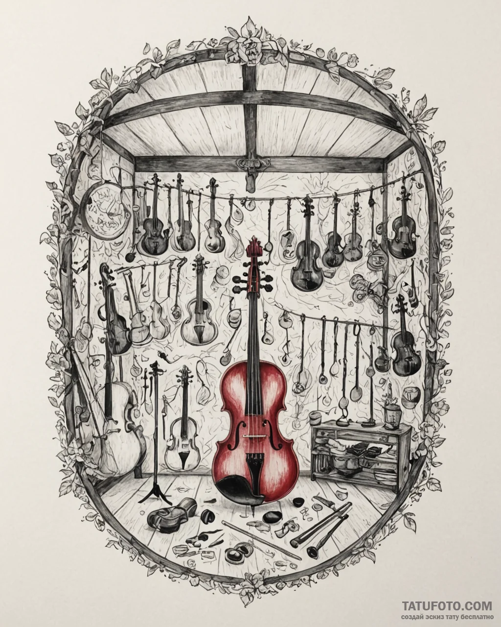 The inside of a luthier's workshop, with viol... - эскиз тату (№1752960597_0, 19.07.2025 21:29) — Tatufoto.com